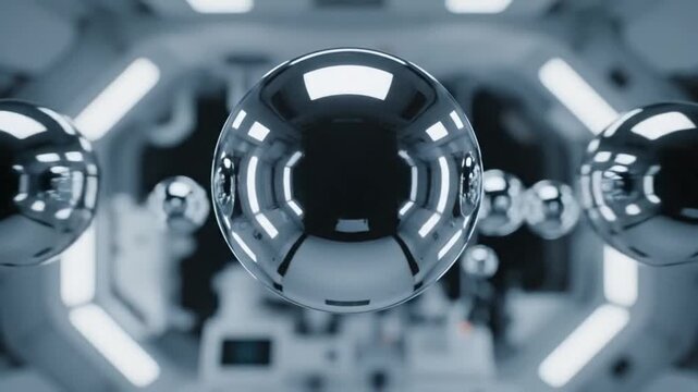 Spherical metallic objects reflecting light in a futuristic laboratory environment with a blurred background and central focus