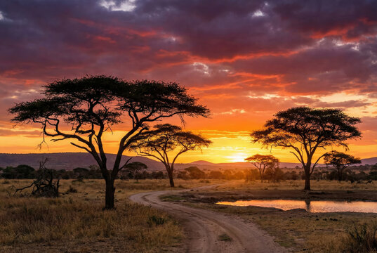 Atardecer dram&aacute;tico en la sabana africana con acacias y camino junto a un estanque.