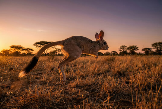 South African springhare (Pedetes capensis) leaping through the savanna at twilight.