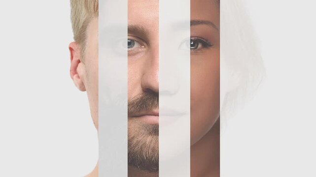 Loop animation. Different genders portrait blended in minimalist vertical strips collage. Concept of gender equality, identity balance, diversity communication and inclusive corporate branding visuals