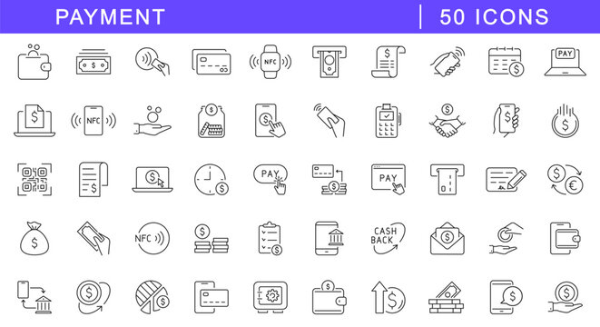 Payment icon set. Payment method icons in line style. Editable web icons pay, banking, nfc payment, terminal, credit card, digital wallets, QR code transaction. Vector illustration.