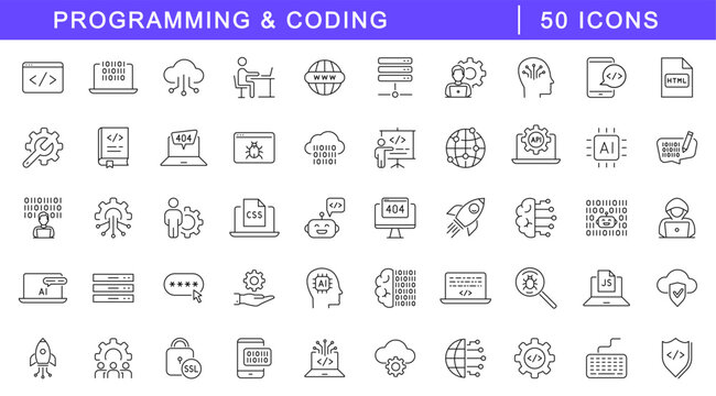 Programming icon set. Coding icons in line style. Editable web icons developer, algorithms, information technology, code, api, programmer, software, scripts. Vector illustration.