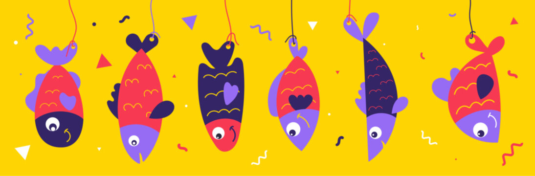 Fond horizontal jaune pour le 1er avril avec poissons illustr&eacute;s suspendus et confettis. Id&eacute;al pour banni&egrave;re web, r&eacute;seaux sociaux et communication &eacute;v&eacute;nementielle printani&egrave;re.