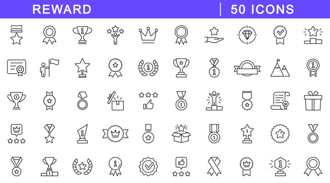 Reward icon set. Award icons in line style. Editable web icons bonus, benefit, offer, medal, champion, winner, succes, achievement, prize. etc. Vector illustration.