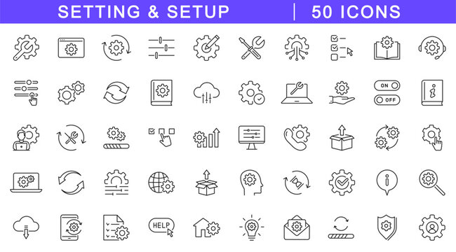 Setting icon set. Setup icons in line style. Editable web icons for statistics data, installation, configuration, service, customization, system update, maintenance, optionetc. Vector illustration.