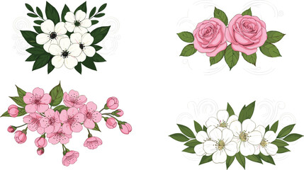 Artistic floral illustration set featuring roses, cherry blossoms, and decorative white flowers with green leaves, perfect for design projects, decorative artwork, and botanical themes © Sahed