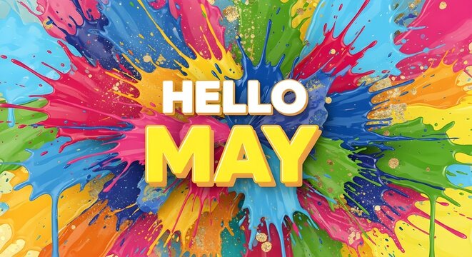 Colorful Hello May greeting, vibrant paint splatter background, seasonal celebration