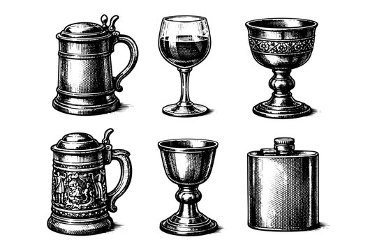 Vintage drinking vessels engraving. Hand drawn medieval goblet, beer mug and whiskey decanter sketch illustration.