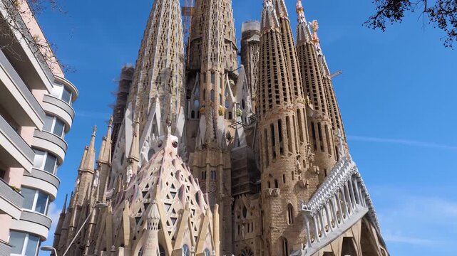 Street view around the city Barcelona beside the sagrada familia  in Spain, Catalonia on a cloudy spring day