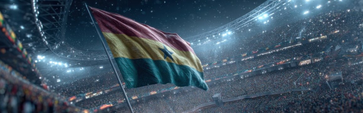 Crowd cheers as Ghanaian flag waves in packed stadium during soccer match in evening
