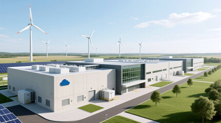 Fototapeta premium Aerial perspective of modern green data center campus featuring wind turbines and solar panels symbolizing sustainable digital infrastructure and clean power for cloud operations