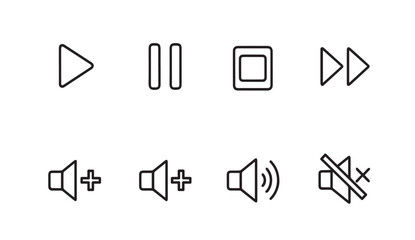 Collection of Outline Media Player and Volume Control Icons on White Background