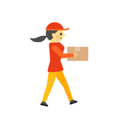 Walking girl courier with box cartoon character doodle style