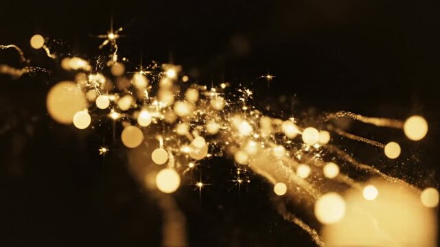 Dynamic golden light particles forming abstract connections in darkness