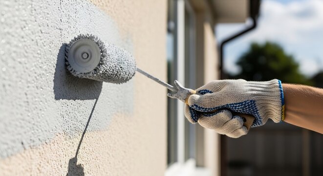 Person painting house exterior with roller and gloves on