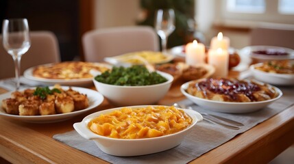 Obraz premium A festive holiday dinner spread on a dining table with candles and glassware