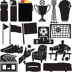Soccer Stadium Equipment and Referee Accessories Silhouette Icon Set © Nurani