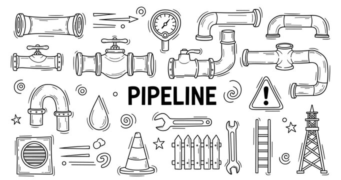 Pipeline infrastructure elements with gauges, valves, and tools in black and white illustration