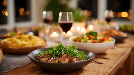 A beautifully set dinner table with gourmet dishes and red wine illuminated by warm ambient candlelight