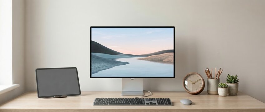 Home office setup with modern technology and organized accessories minimalist workspace indoor environment aesthetic viewpoint for enhanced productivity