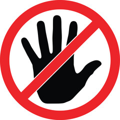 Do not touch warning symbol, prohibited hand sign, safety restriction icon, red circle stop notice, black vector illustration isolated design