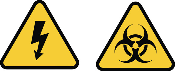 Obraz premium Electrical hazard and biohazard warning signs, yellow triangular safety symbols, danger icons for industry, laboratory, workplace protection and compliance