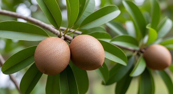 Fresh Sapodilla fruits hanging on a tree branch with lush green leaves. The brown, textured skin of the tropical fruit is shown in a clear, close-up shot with a soft bokeh background.