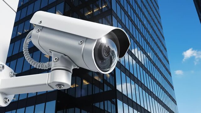 Security camera mounted on building