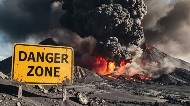 Volcanic eruption scene with a warning sign indicating a danger zone