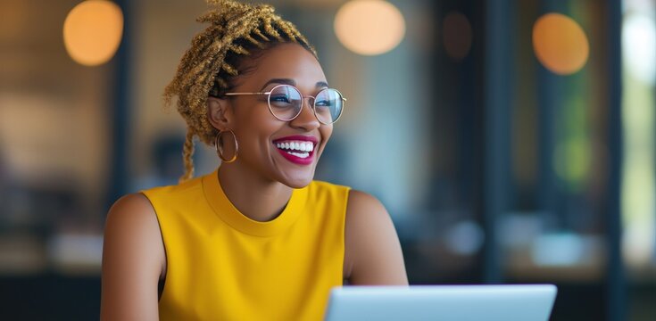 Young black woman with dreadlocks and glasses smiling while working on a laptop, embodying professionalism, success, and the modern digital workplace experience