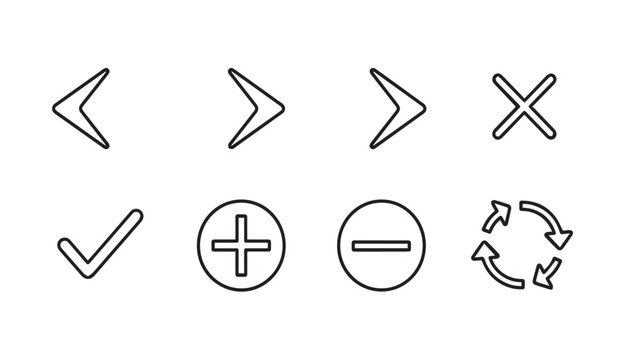 Set of outline icons: arrows, checkmark, plus, minus, x, refresh, symbols