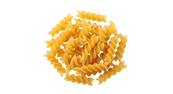 Pile of yellow fusilli pasta isolated PNG on transparent background, uncooked Italian spiral pasta for food design and culinary projects