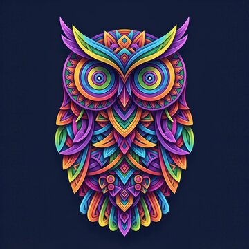 Vibrant vector illustration of an owl with intricate mandala patterns and iridescent feathers in neon rainbow colors, isolated on a dark navy background.