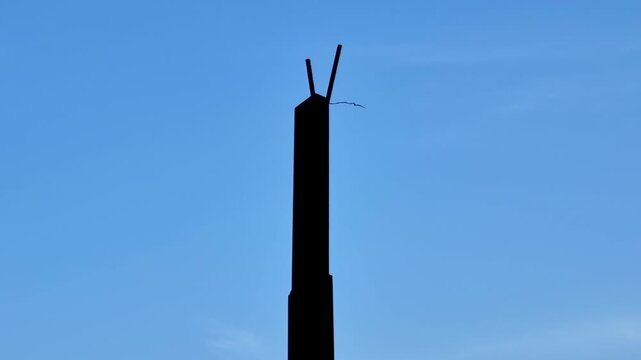 A stark silhouette of a concrete utility pole against a clear, bright blue sky. Two metal rods extend from the top, creating a minimalist, industrial profile in the daytime light.