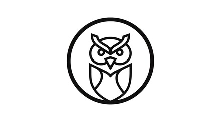 Fototapeta premium Minimalist owl face icon in a circle. Black and white vector illustration of an owl in a modern, flat line art style, isolated on a white background.