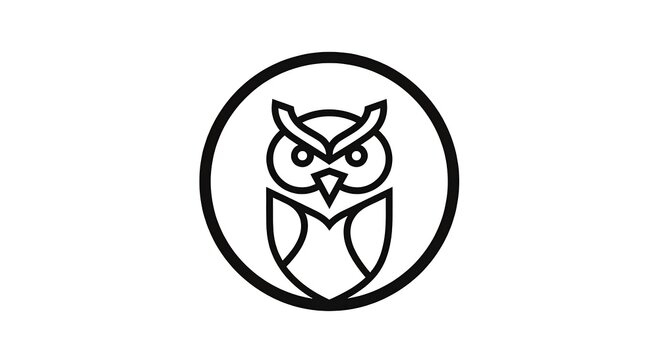 Minimalist owl face icon in a circle. Black and white vector illustration of an owl in a modern, flat line art style, isolated on a white background.