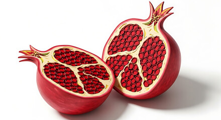 A vibrant red pomegranate fruit cut in half, showcasing the juicy arils and white membranes on a clean white background.