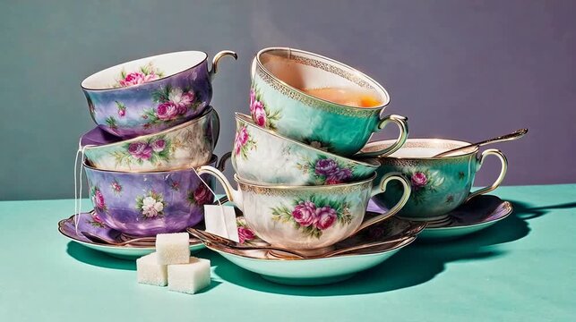 Floral tea cups and saucers on table