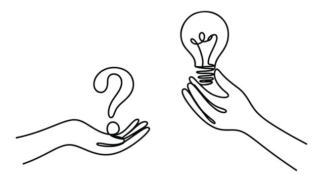 Continuous Line Art Hands Exchanging Question Mark and Light Bulb Idea Concept Minimal Outline Vector Illustration