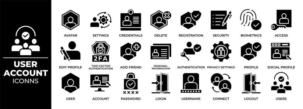 User account icon set. Containing profile, password, login, username, avatar, connect, add friend and more. Solid vector icons collection.