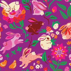 Folk Garden Easter Bunnies seamless pattern