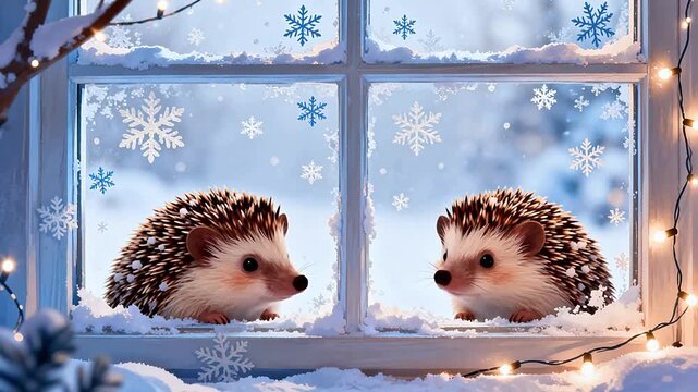 Two hedgehogs on snowy window
