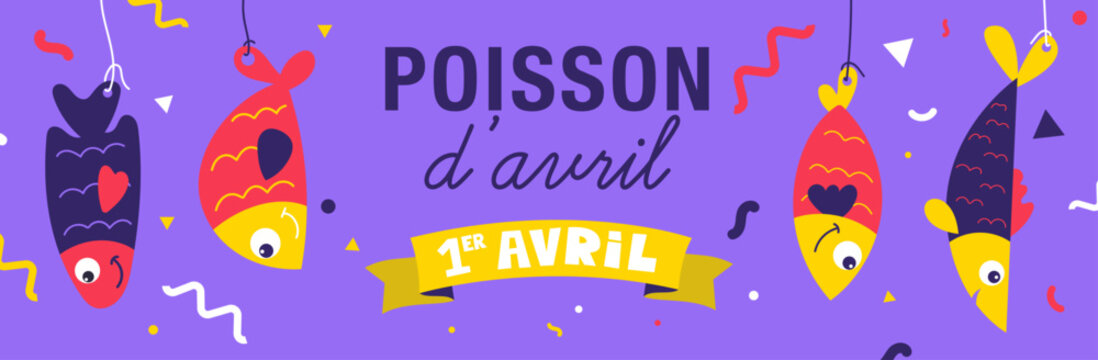 Banni&egrave;re horizontale violette pour le Poisson d&rsquo;avril avec poissons color&eacute;s, ruban 1er avril et confettis. Id&eacute;ale pour r&eacute;seaux sociaux, site web et communication festive printani&egrave;re.