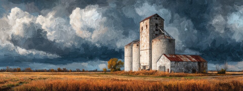 Clouds gather over an empty farm with an old grain elevator and a barn during a late afternoon in rural America