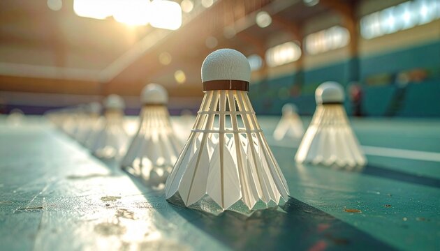Shuttlecocks lined up on badminton court with depth-of-field