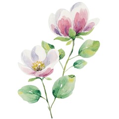Obraz premium Watercolor magnolia blossoms with leaves on white