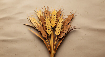 A stylized pixel art illustration of a bundle of wheat stalks against a textured, sandy background.