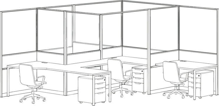 Open office cubicle workspace with partition panels, desks and swivel chairs line art vector illustration
