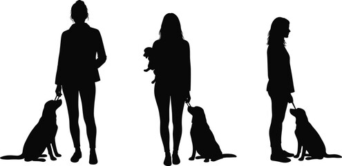 Silhouette people with dogs on leashes, pet owner holding puppy, animal companionship illustration, family bond artwork, dog growth stages concept