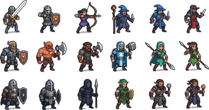Diverse collection of pixel art fantasy role playing game characters featuring various warriors mages and rogues with distinct weaponry and armor sets